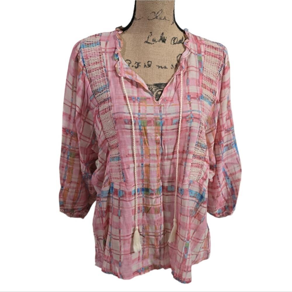 Zac & Rachel Pink Plaid Boho Peasant Blouse Tassel Tie Ruffle Neck Smocked Top